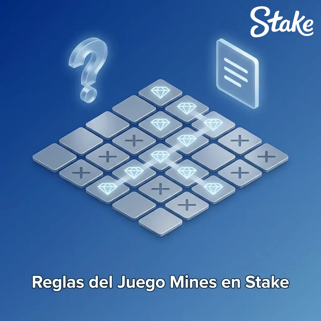 Tablero 5x5 del juego Mines en Stake con minas y gemas, reglas de apuesta mínima y retiro anticipado