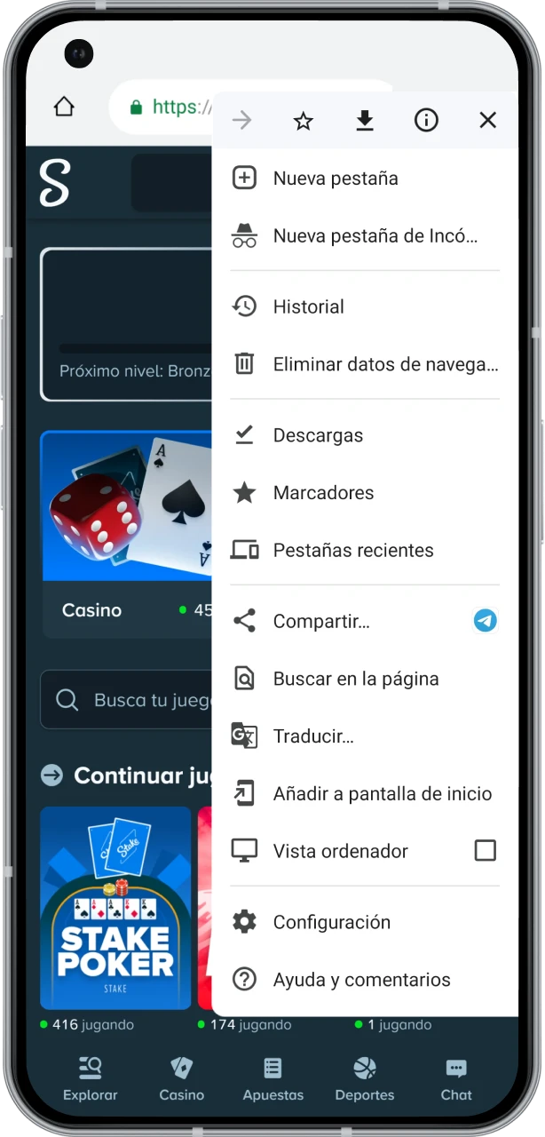 Accede al menú del navegador para configurar el acceso directo de la aplicación Stake.
