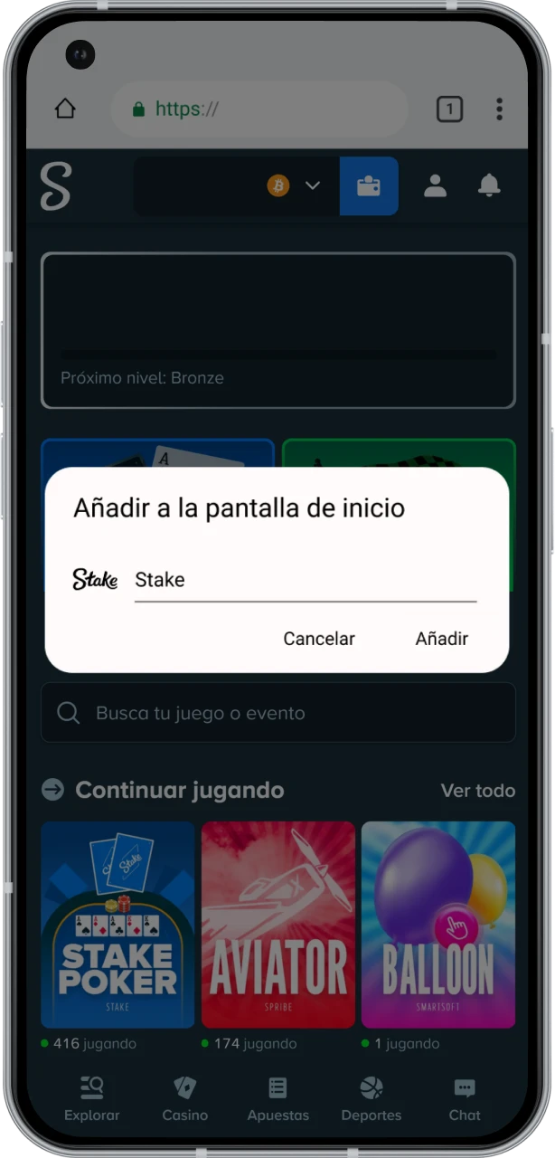 Añade la app de Stake a la pantalla de inicio de tu dispositivo Android con un solo clic.