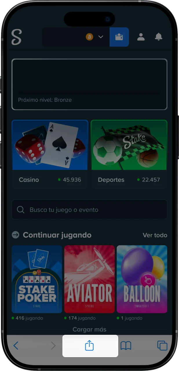 Selecciona la opción Compartir en Safari para instalar la plataforma de Stake.