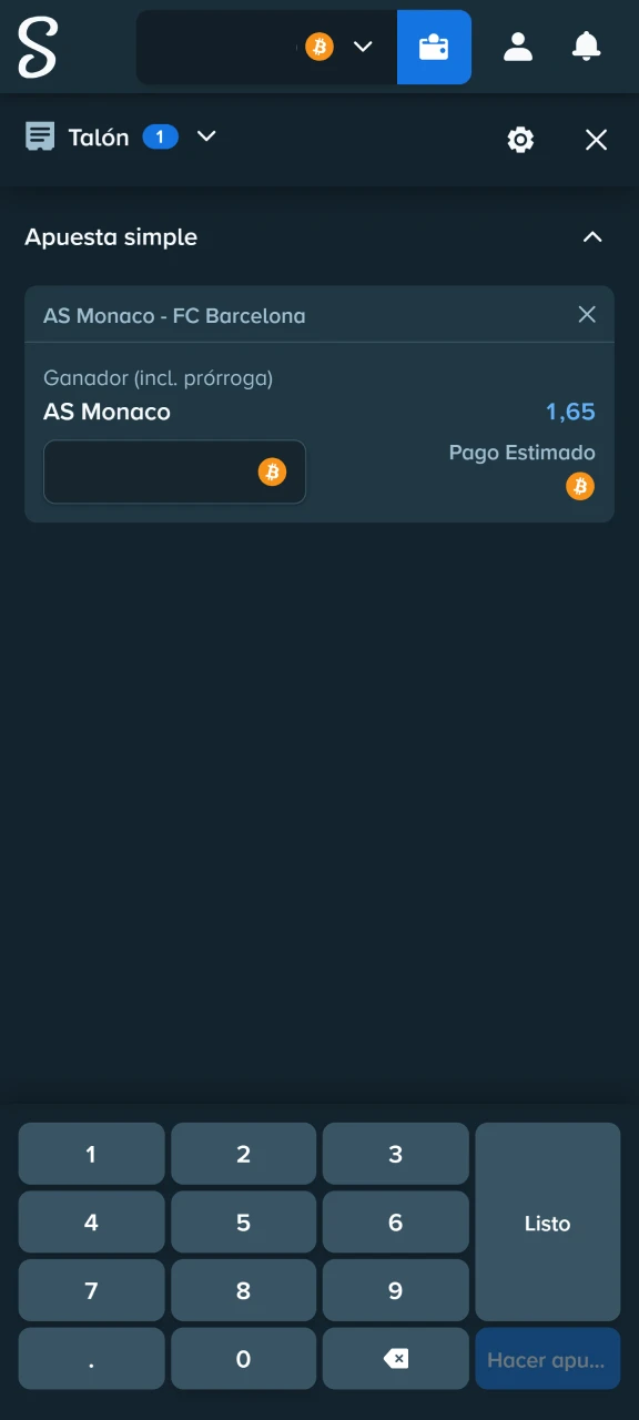 Ingresa el monto de tu apuesta en el cupón y confirma la jugada para apostar en Stake.