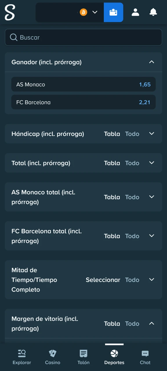 Selecciona el mercado: ganador, hándicap, total de puntos, entre otros en Stake.
