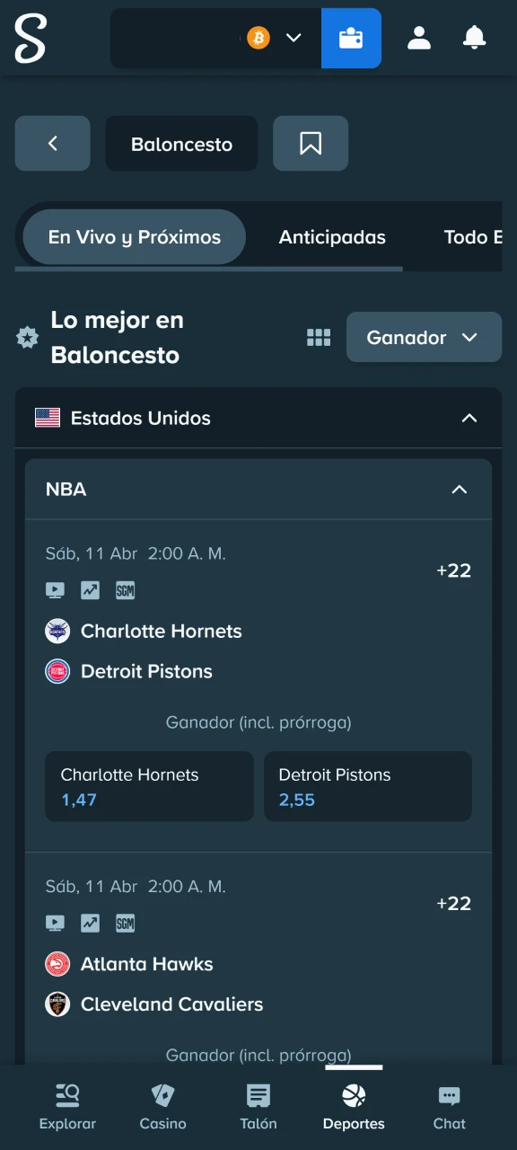 Selecciona baloncesto en el menú de disciplinas de Stake.