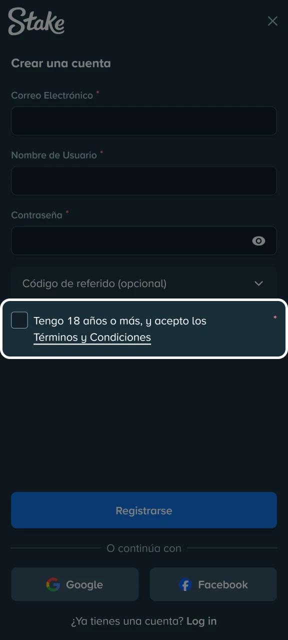 Acepta los términos y condiciones de la plataforma Stake.