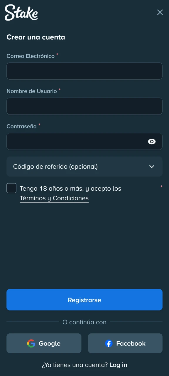 Regístrate en Stake con tu correo electrónico y otros datos.