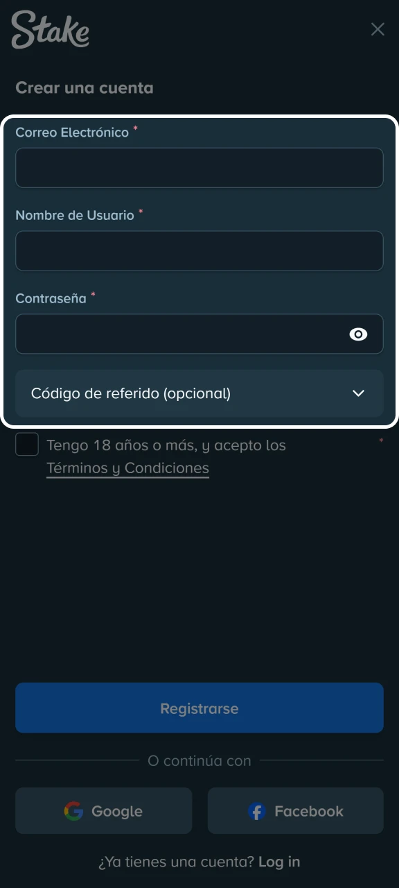 Introduce tus datos en el formulario de registro de Stake.