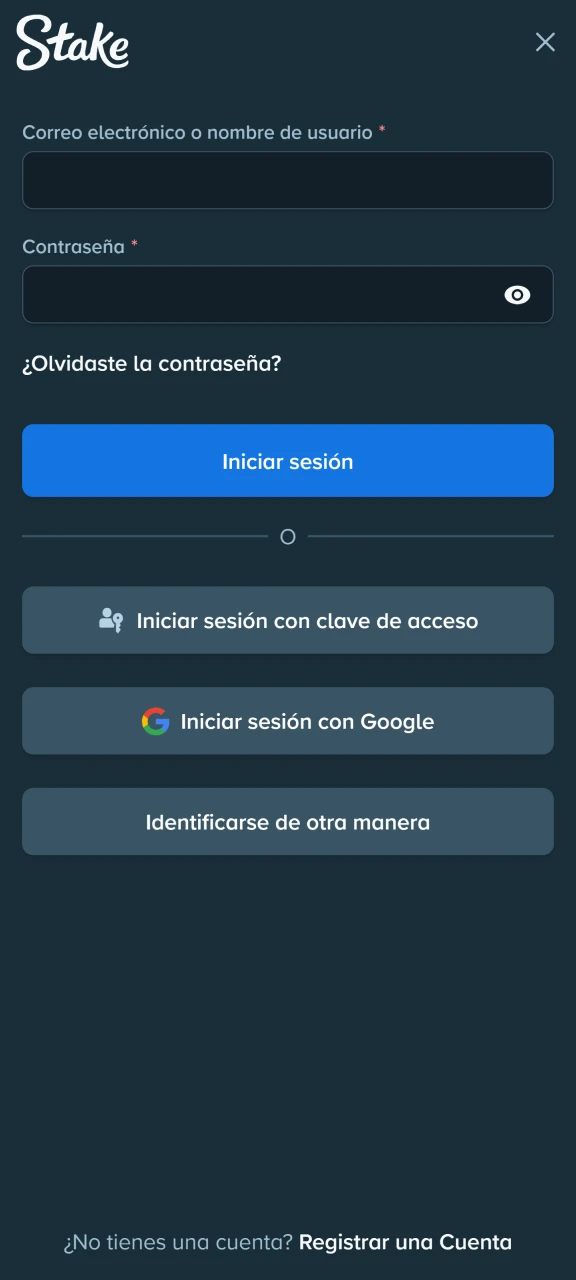 Abre el formulario de inicio de sesión e introduce tus credenciales de Stake para acceder a la cuenta.