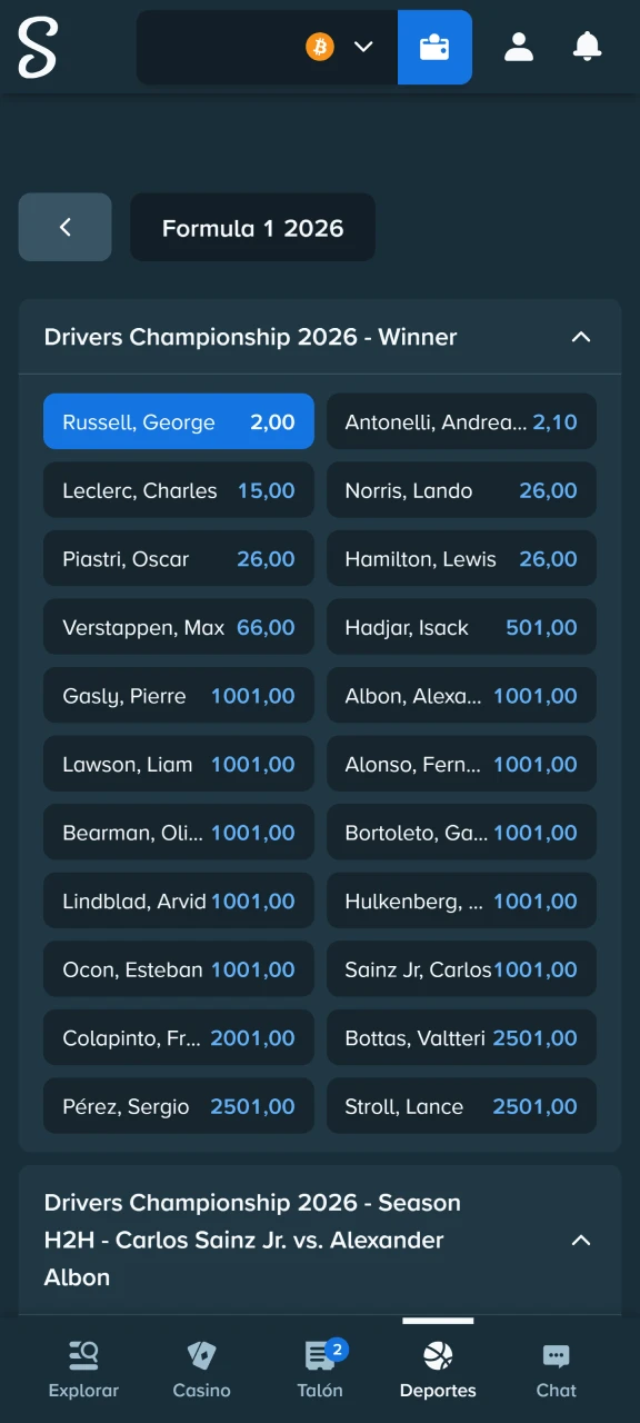 Echa un vistazo al mercado de apuestas para elegir al ganador en Stake.