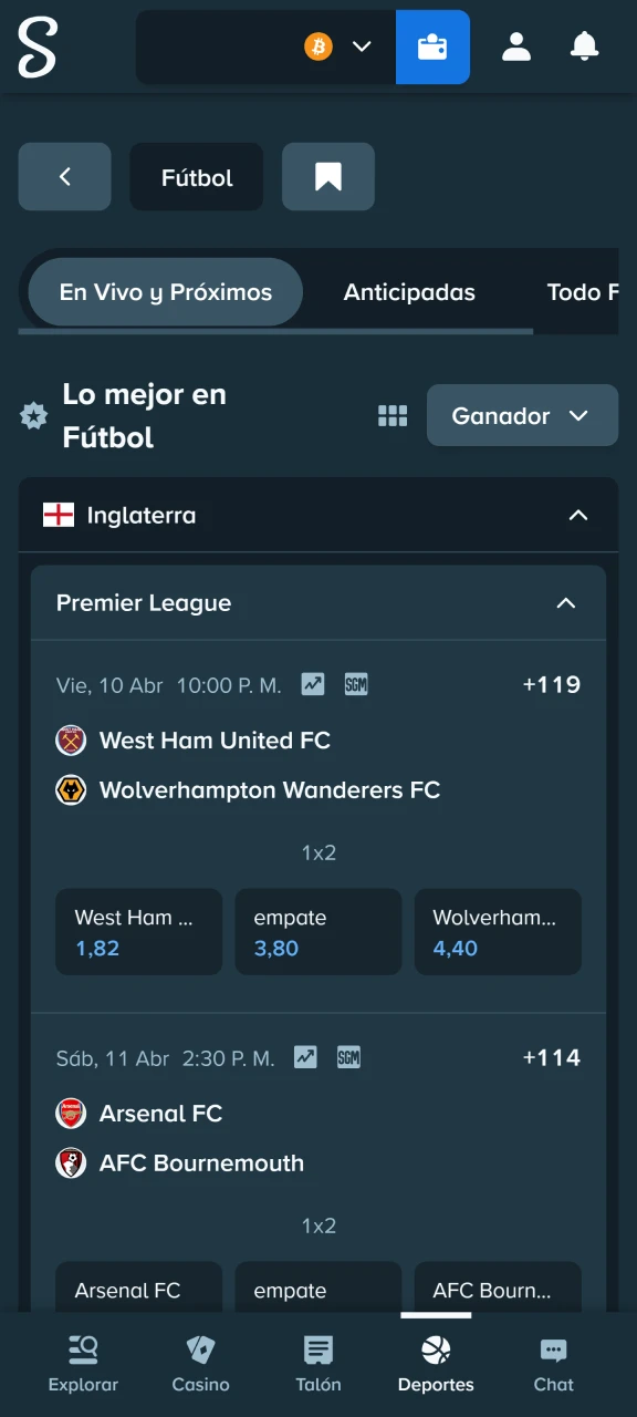 Elige una liga o un torneo en Stake.