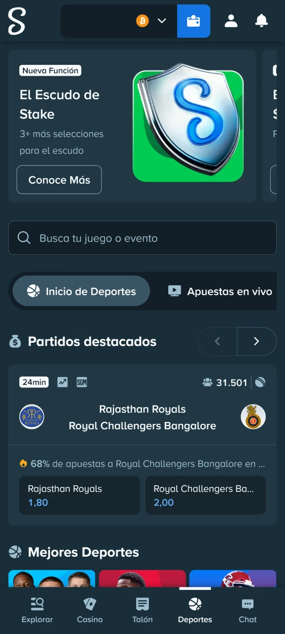 Accede al sportsbook para explorar miles de eventos en Stake.