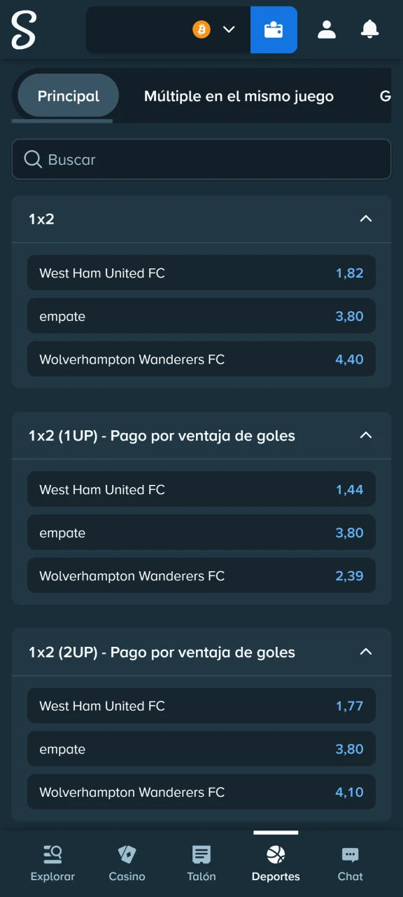 Elige tu mercado de apuesta favorito, desde ganador hasta totales, en Stake.