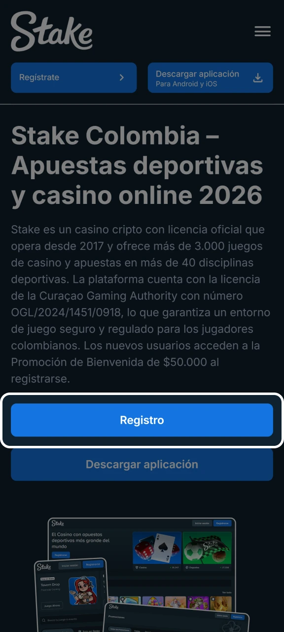 Inicia el proceso de inscripción en la página web de Stake.