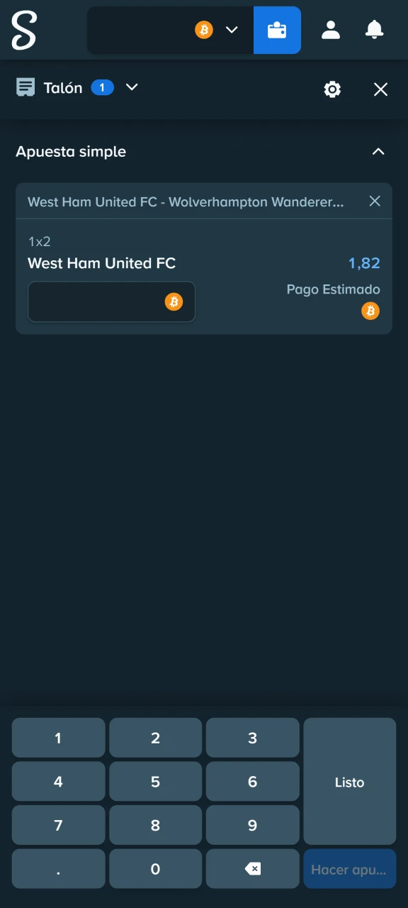 Ingresa el monto de tu apuesta en el cupón digital disponible en Stake.