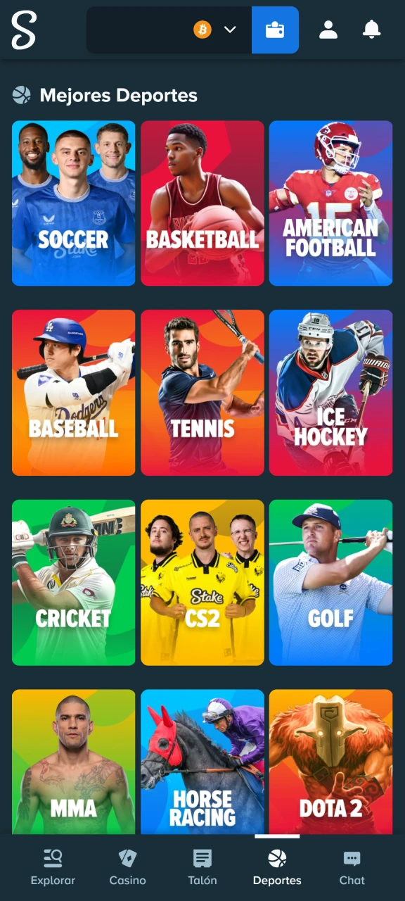 Selecciona el deporte y el evento que prefieras dentro de la oferta de Stake Colombia.