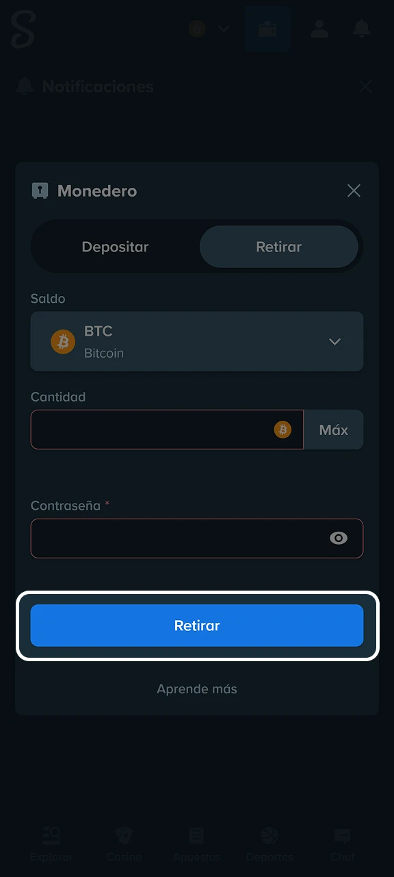 Confirma tu solicitud de retiro para procesar el pago de tus premios en Stake.