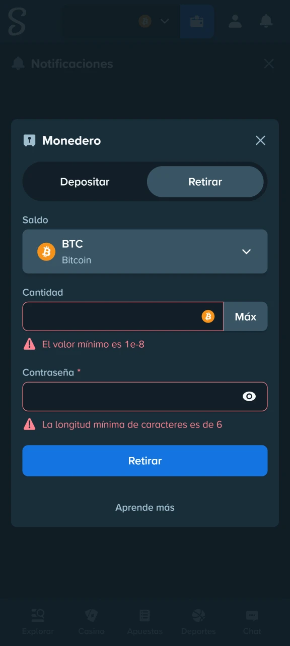 Dirígete a la sección de retiros en el menú de banca de tu cuenta Stake.