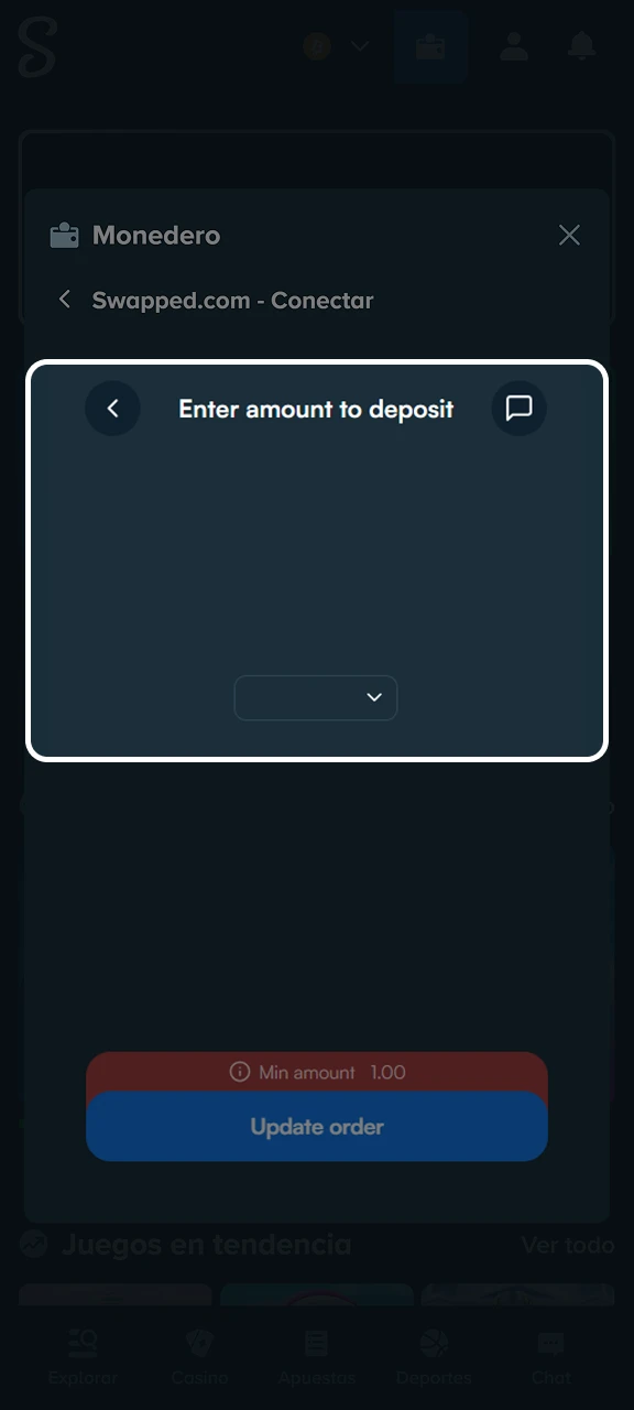 Ingresa el monto a depositar en pesos o moneda digital para jugar en Stake.