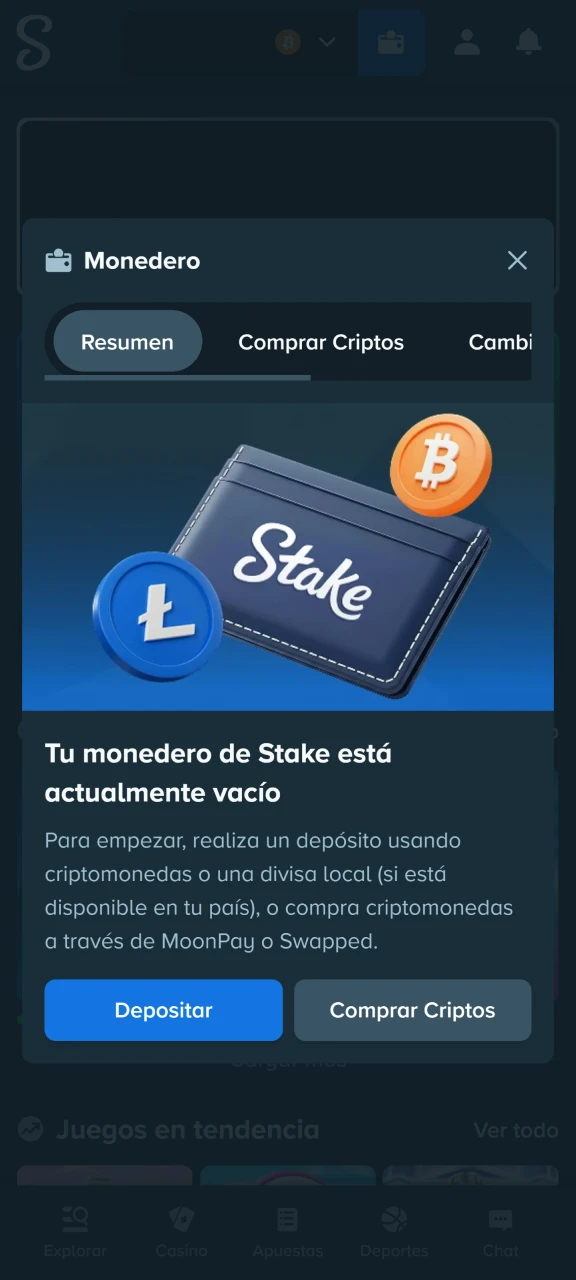 Ve a la sección de caja dentro de tu perfil de usuario en Stake Colombia.