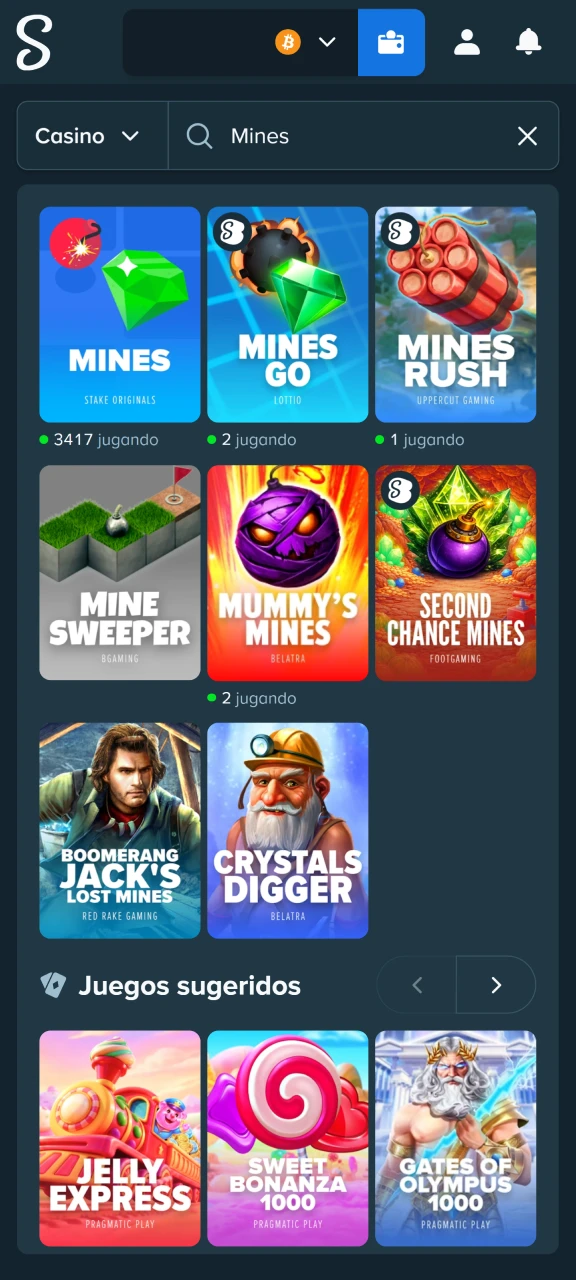 Busca el juego Mines en la sección de juegos originales desarrollados por Stake.