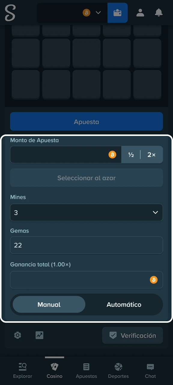 Configura tu apuesta eligiendo el monto y la cantidad de minas en el tablero de Stake.