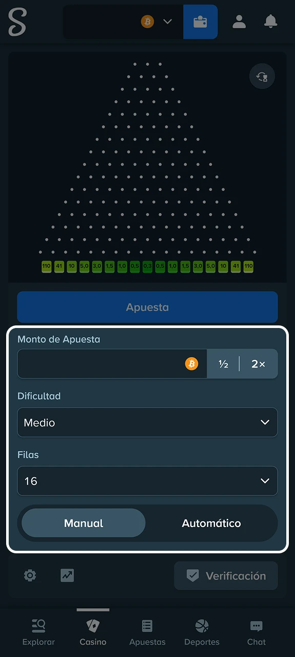 Configurá tu apuesta ajustando el nivel de riesgo y el número de filas en el panel de Stake.