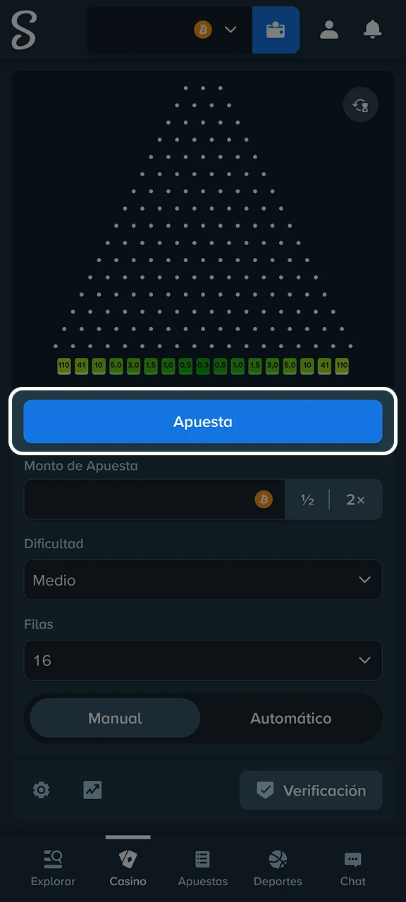 Lanzá la bola y cobrá tu resultado dependiendo de dónde caiga en la pirámide de Stake.