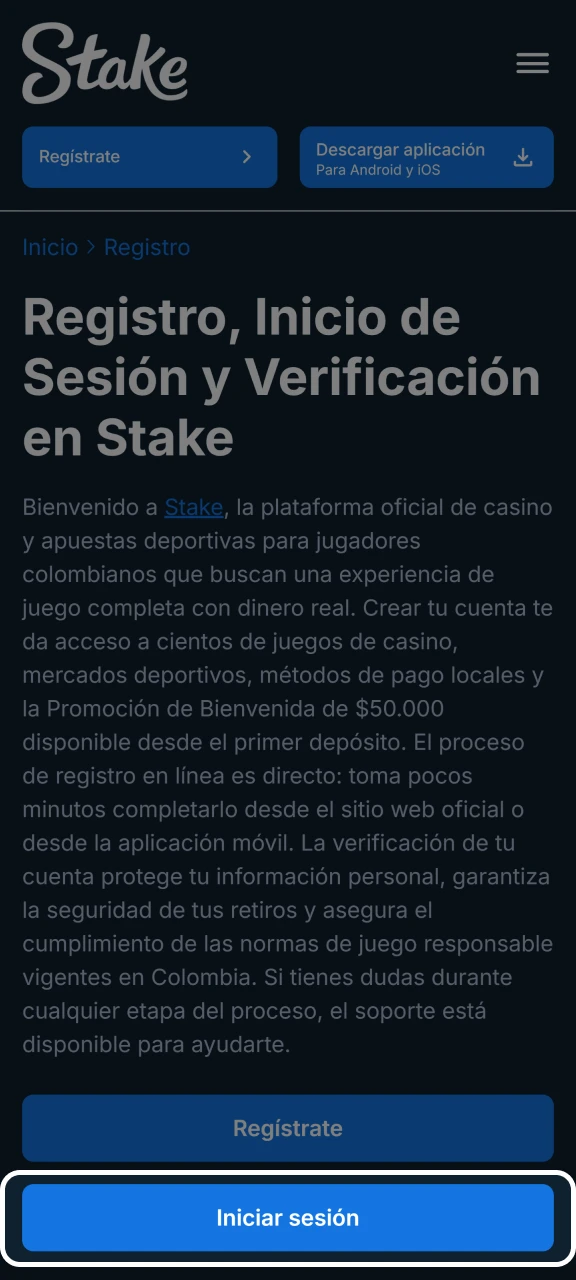 Haz clic en el botón de inicio de sesión para entrar a tu panel de usuario en Stake.