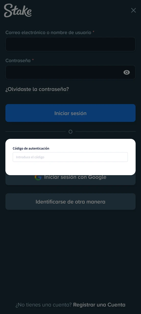 Introduce el código de autenticación en dos pasos para proteger tu cuenta de Stake.