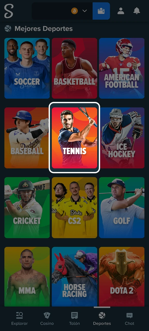 Select tennis from the sports menu on Stake.