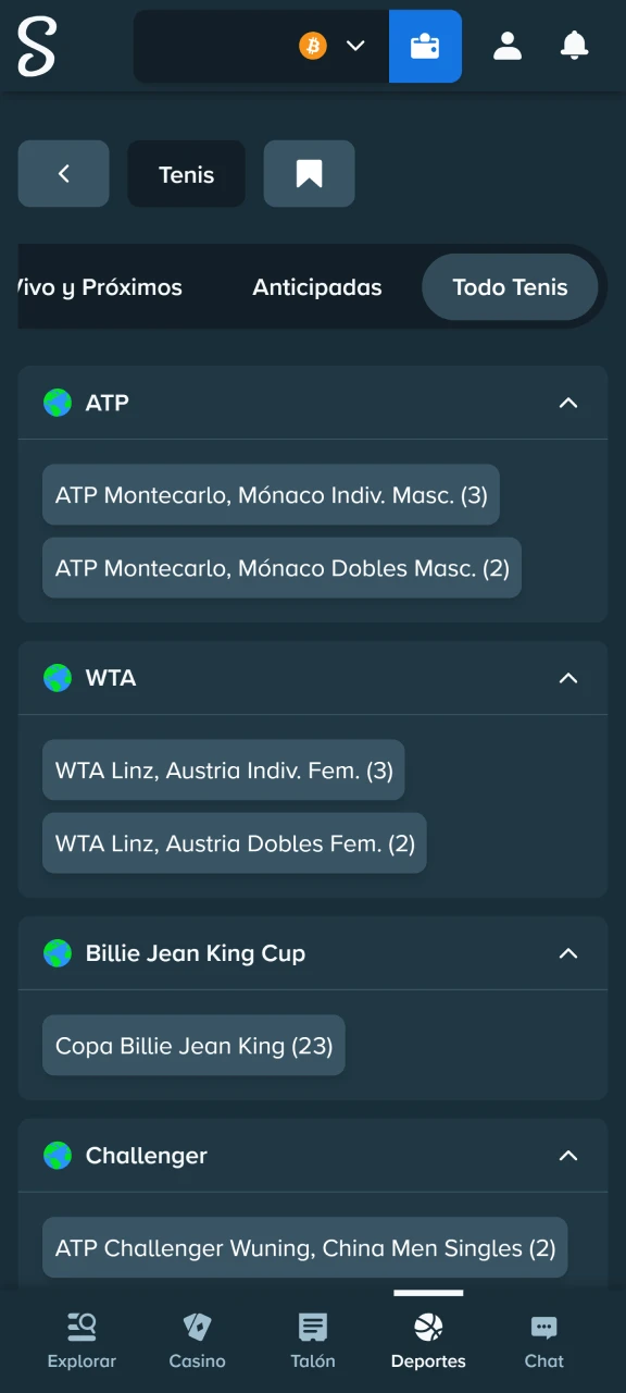 Elige el torneo y haz clic sobre el mercado de tu preferencia en la web de Stake.