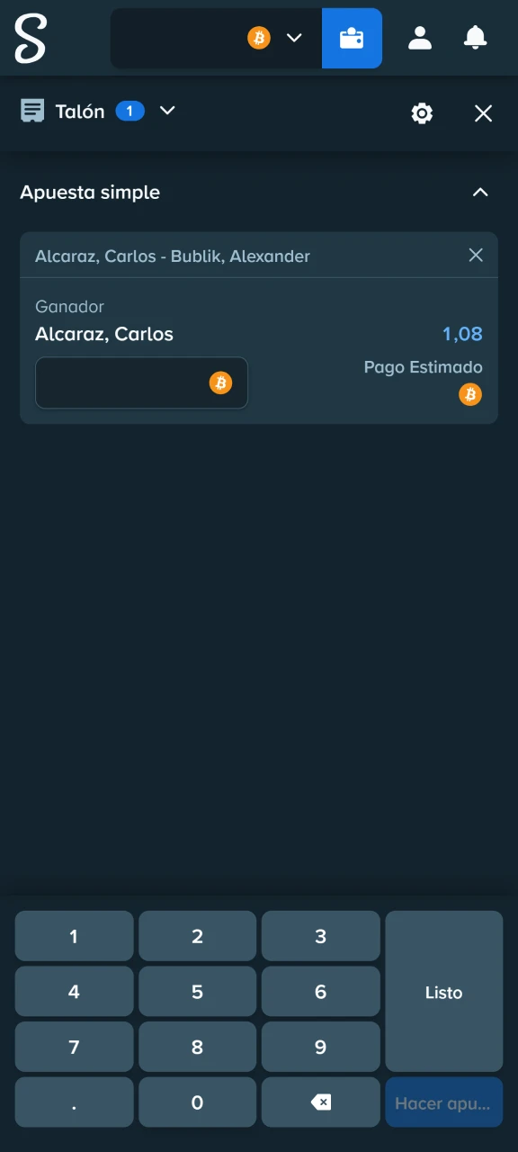 Introduce el importe de tu apuesta y confírmala para empezar a jugar en Stake.