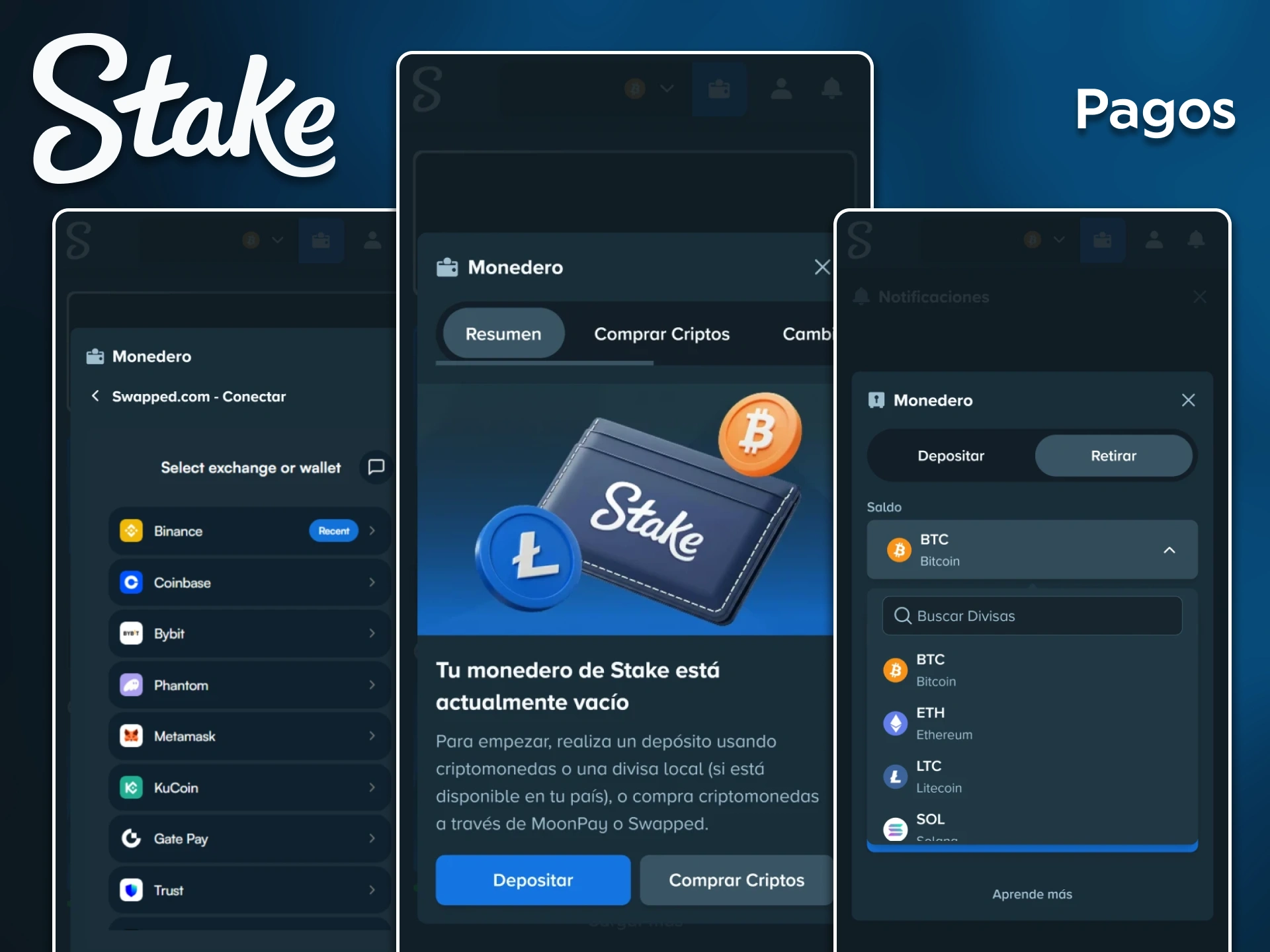 Gestiona rápidamente tus depósitos y retiros en la sección de Pagos de la aplicación de Stake.