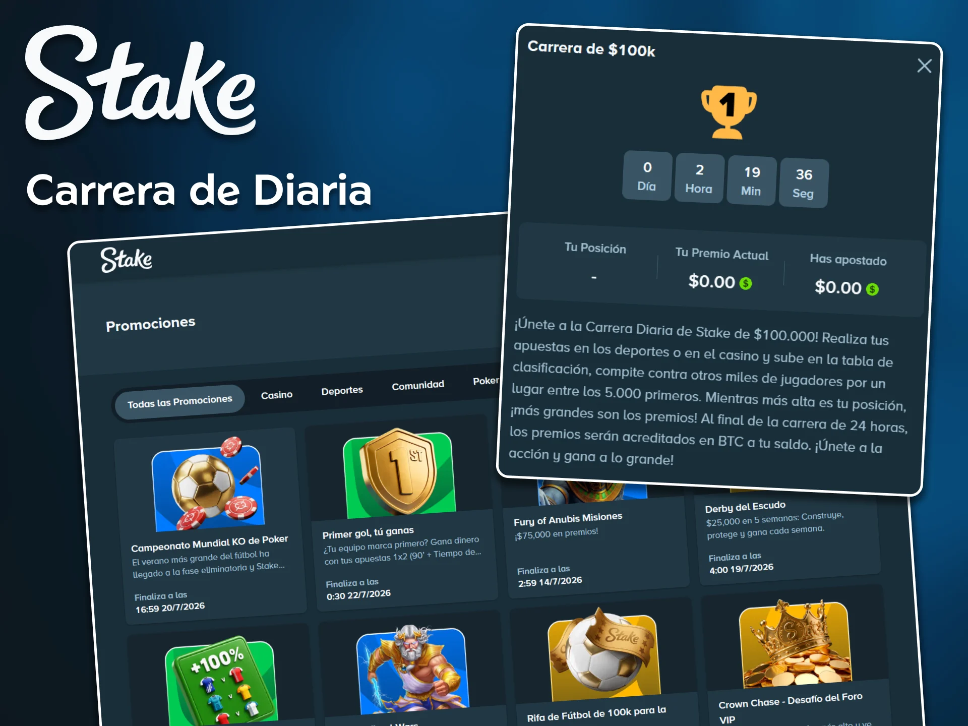 Escala posiciones en la tabla sumándote a la Carrera de $100.000 Diaria en Stake.