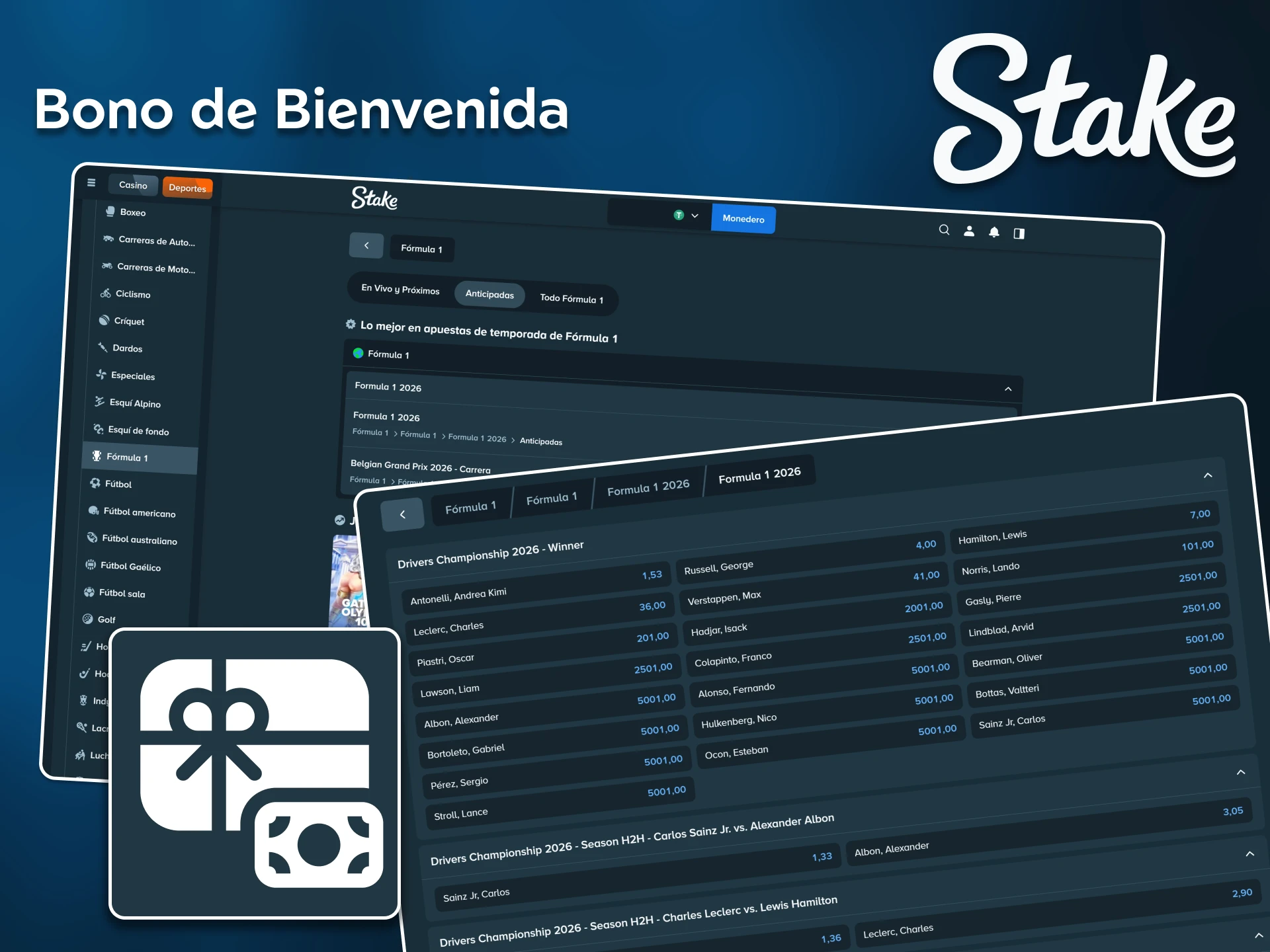 Activa el bono de bienvenida para apuestas de Fórmula 1 en Stake.