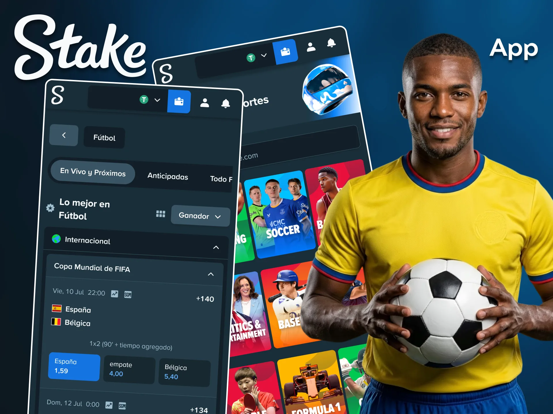 Usa tu teléfono móvil para realizar apuestas de fútbol a través de la aplicación de Stake.