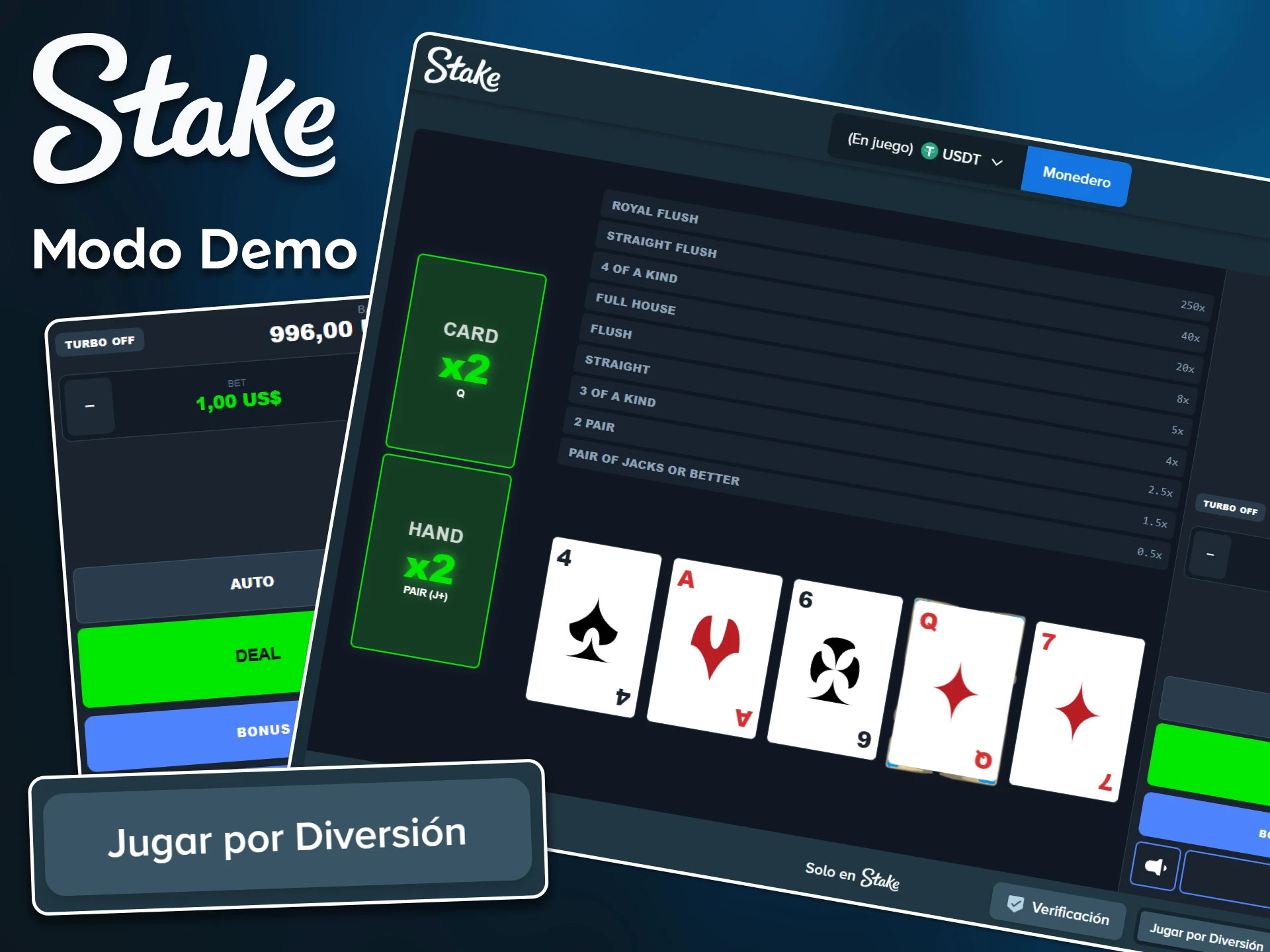 Practica tus jugadas y faroles sin riesgos activando el modo de demostración de póker en Stake.
