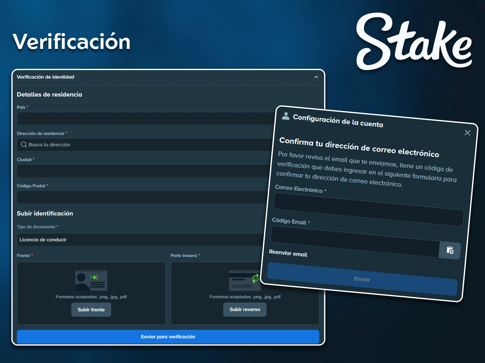 Sube tus documentos de identidad para el proceso de verificación de la cuenta de Stake.