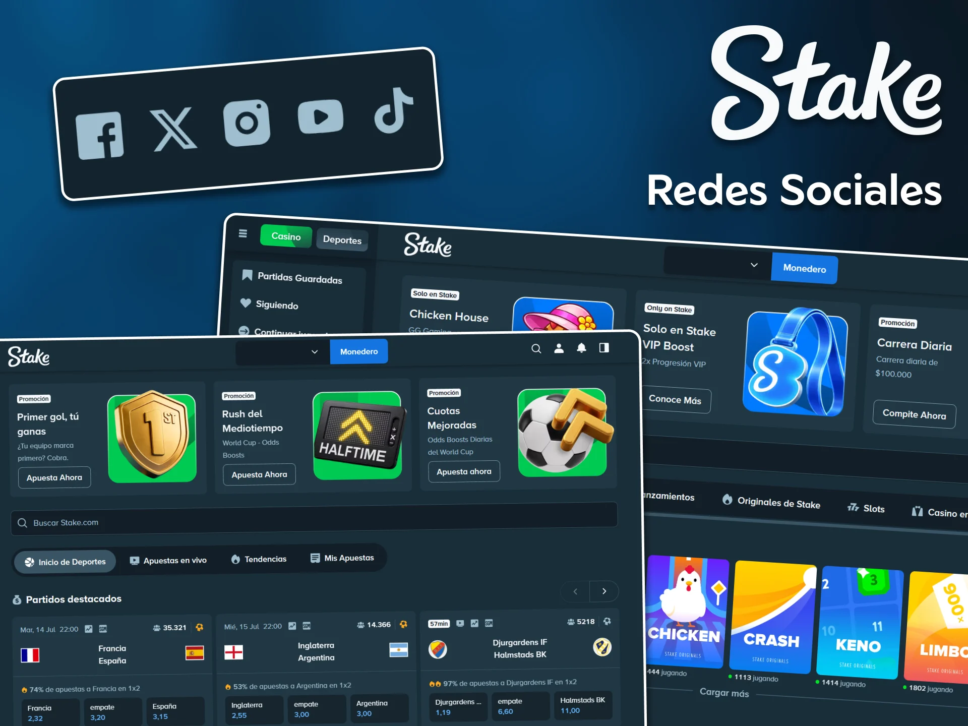 Conéctate con la comunidad y los agentes de Stake a través de canales de soporte en redes sociales y plataformas de mensajería.