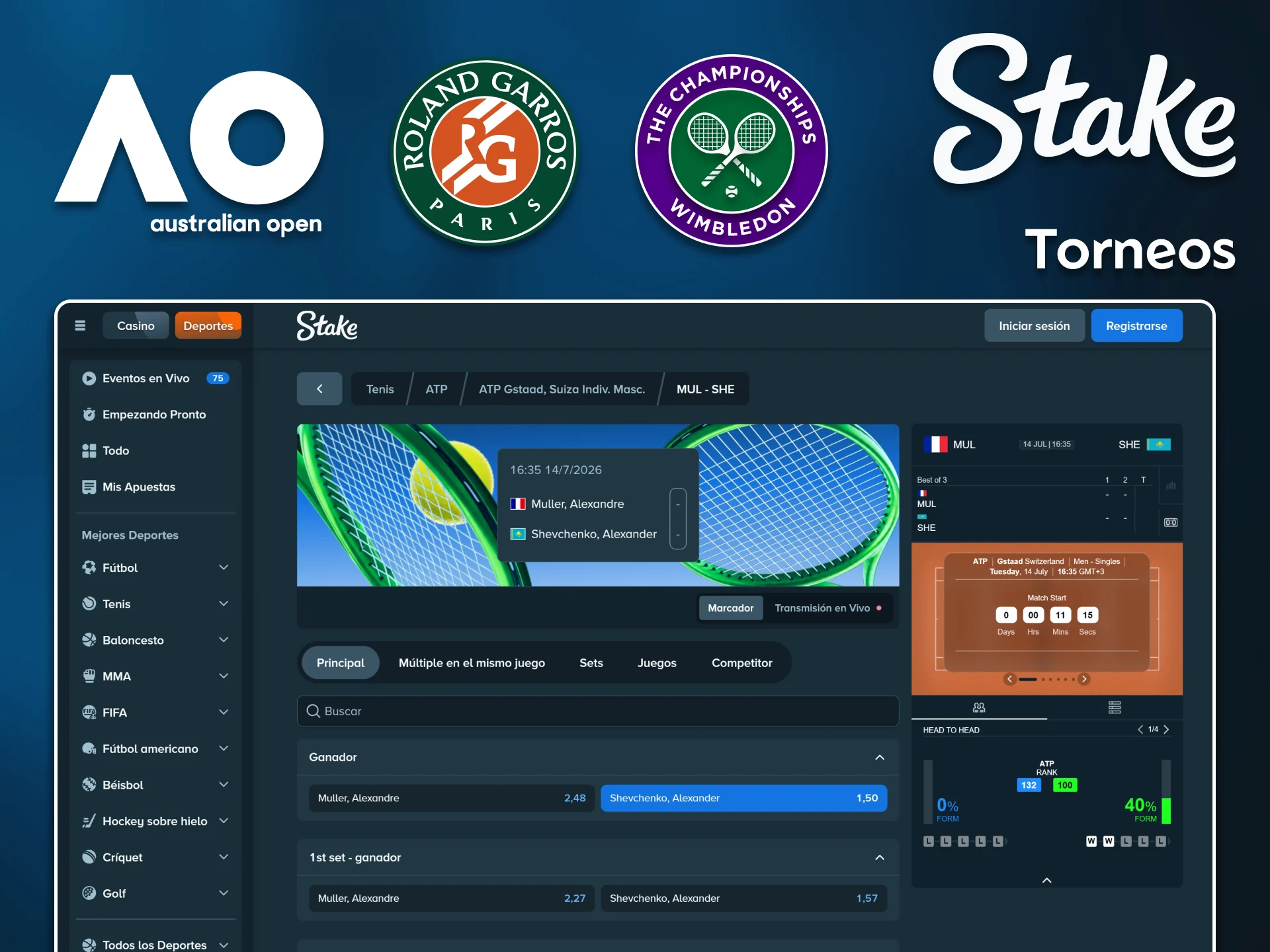Diseña tus mejores combinaciones explorando los principales torneos de tenis para apostar en Stake.